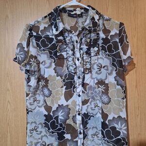 East 5th Floral Ruffle Button-Front Blouse - Black, Gray & Cream